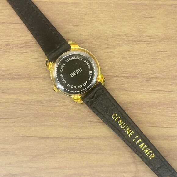 Beau Diamond Gold Tone Quartz Analog Ladies Black Genuine Leather - Picture 4 of 6